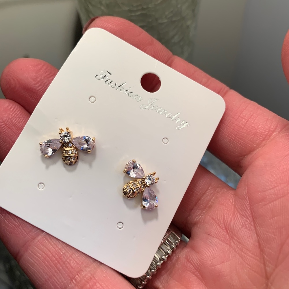 Beautiful GOLD PLATED Zircon crystals Bee earrings - Picture 3 of 8